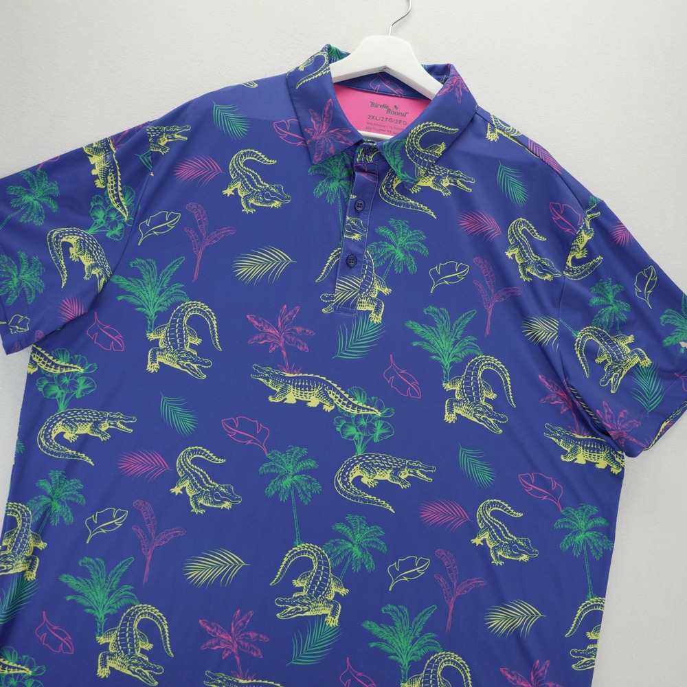 Birdie Bound Mens 2XL Golf Polo Shirt Blue Tropical Alligator Palm Tree Print